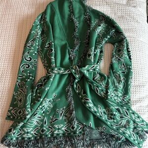 Chico's Bandana Print Green and Navy Patterned Wrap Sweater